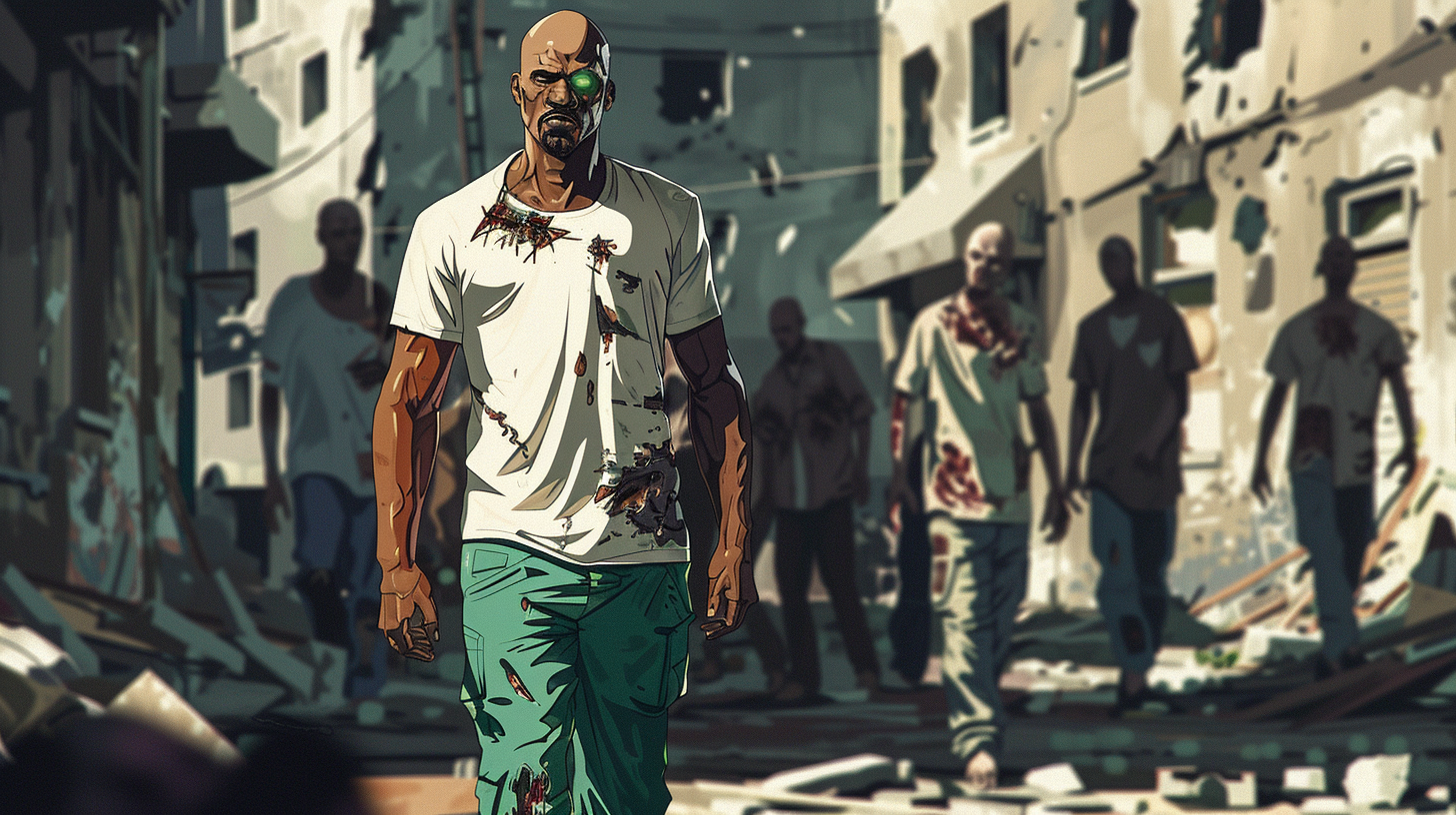 allansa._zombies_walk_past_bald_black_muscular_man_with_green_e_5ac3a86b-a5f1-4b59-818b-9bfb986e1bf2